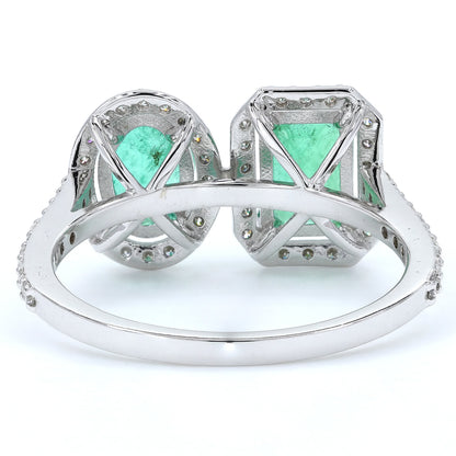 Emerald Oval and Emerald Cut Diamond Halo Ring