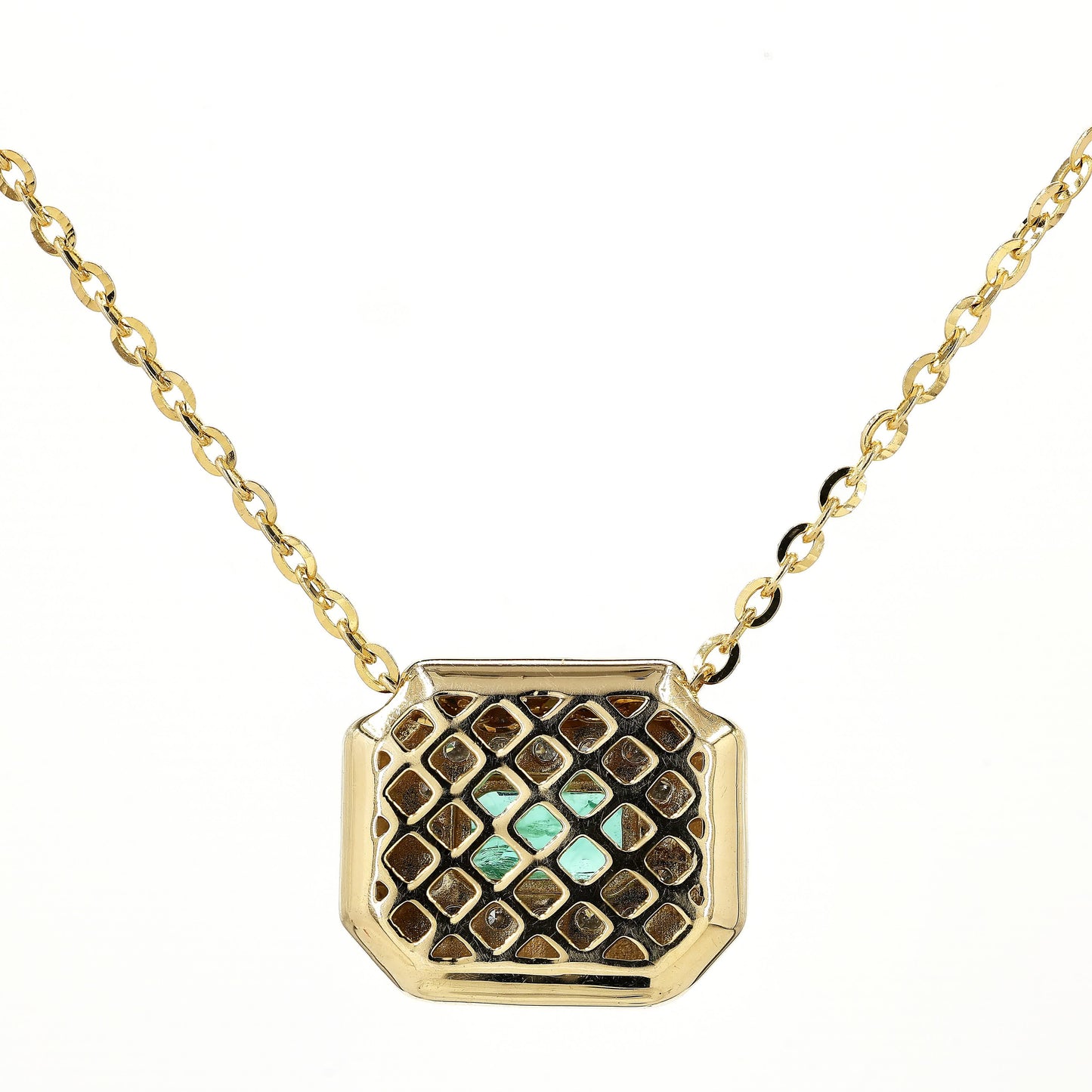 Natural Emerald Halo Geometric Diamond Necklace
