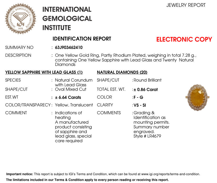 International Gemological Institute (IGI) laboratory report 63J903462401