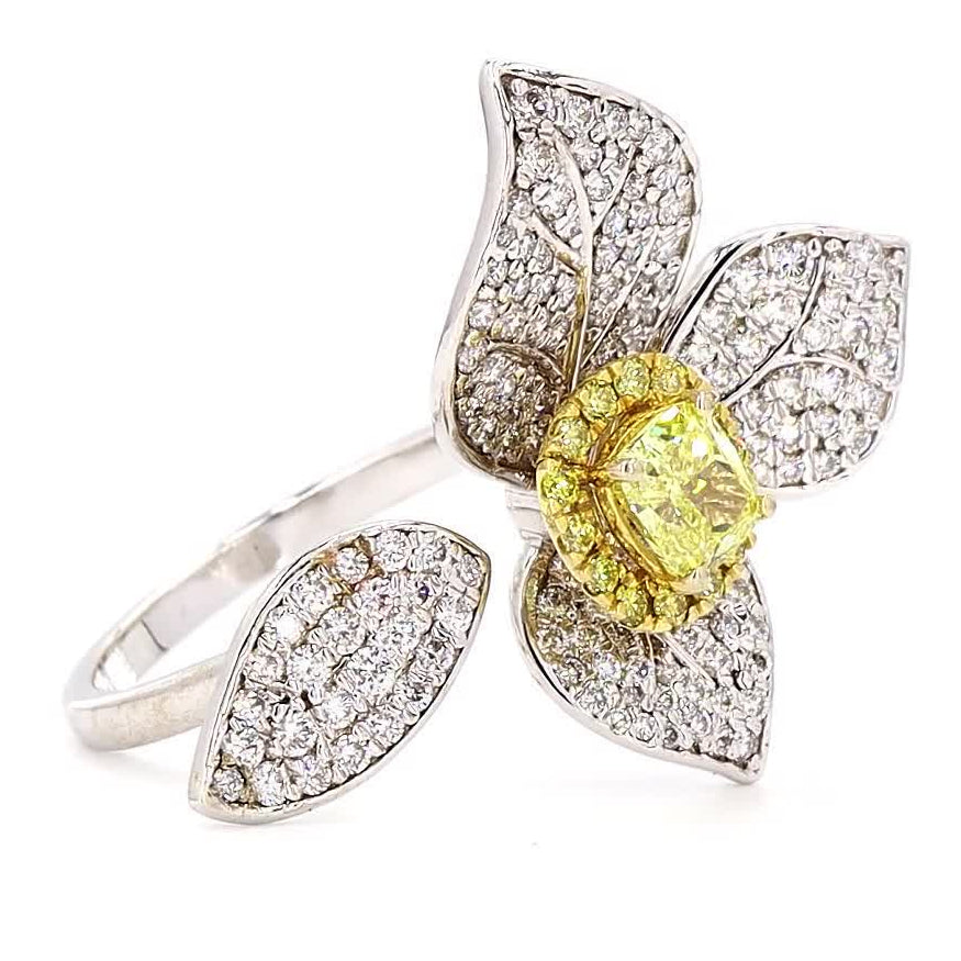 Floral Natural Yellow Diamond Open Band Halo Ring