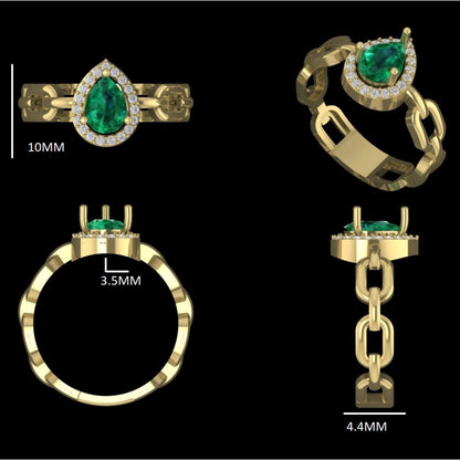 Pear Emerald Halo Chain Link Ring