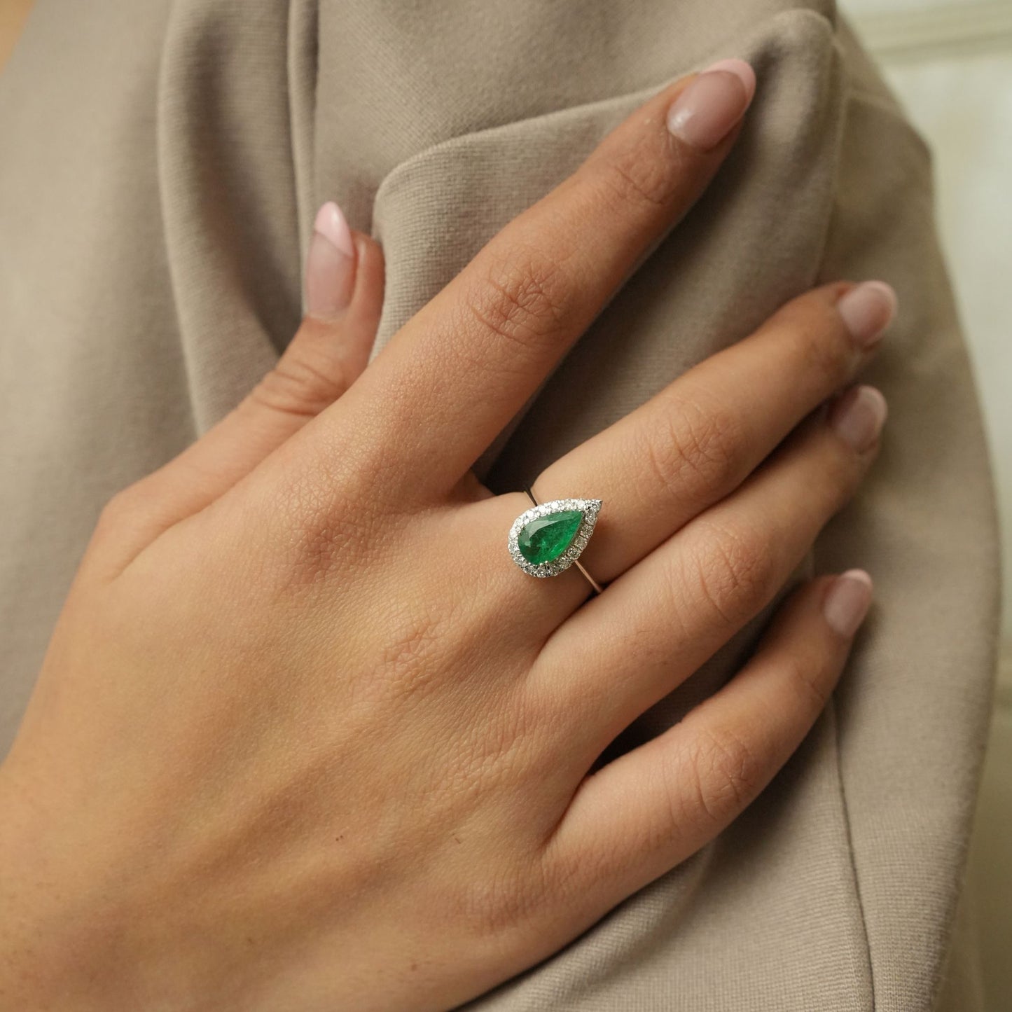 Pear Emerald Halo Diamond Ring