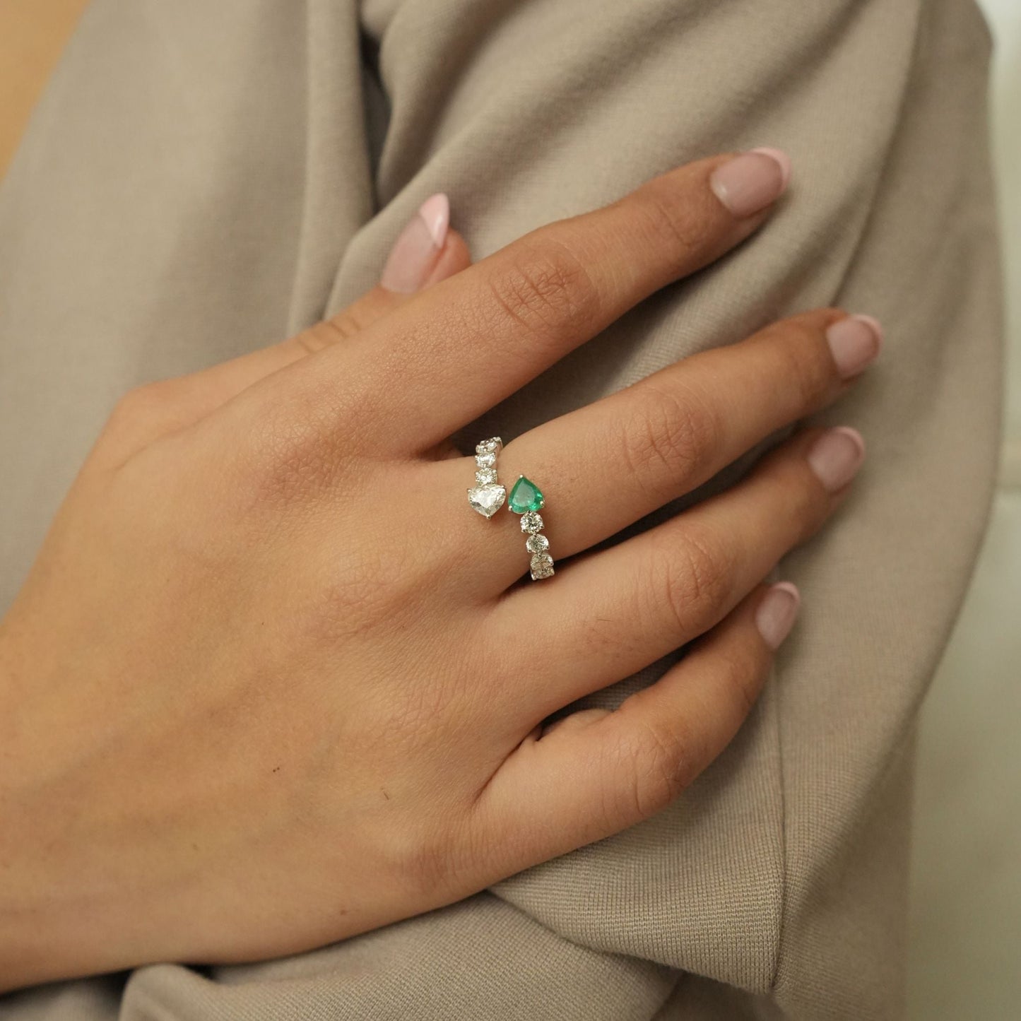 Heart Diamond Emerald Bypass Ring