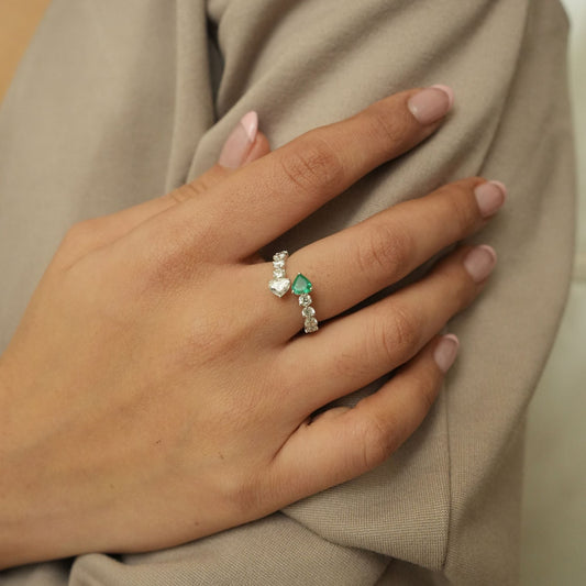 Heart Diamond Emerald Bypass Ring