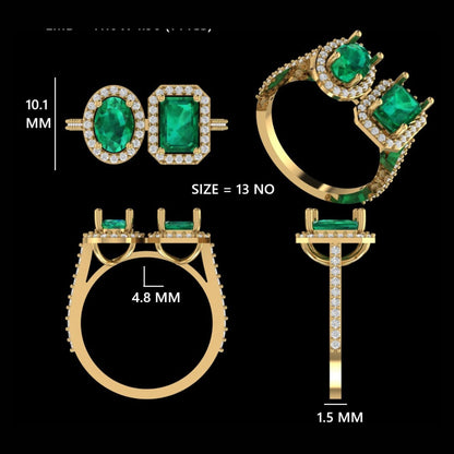 Emerald Oval and Emerald Cut Diamond Halo Ring