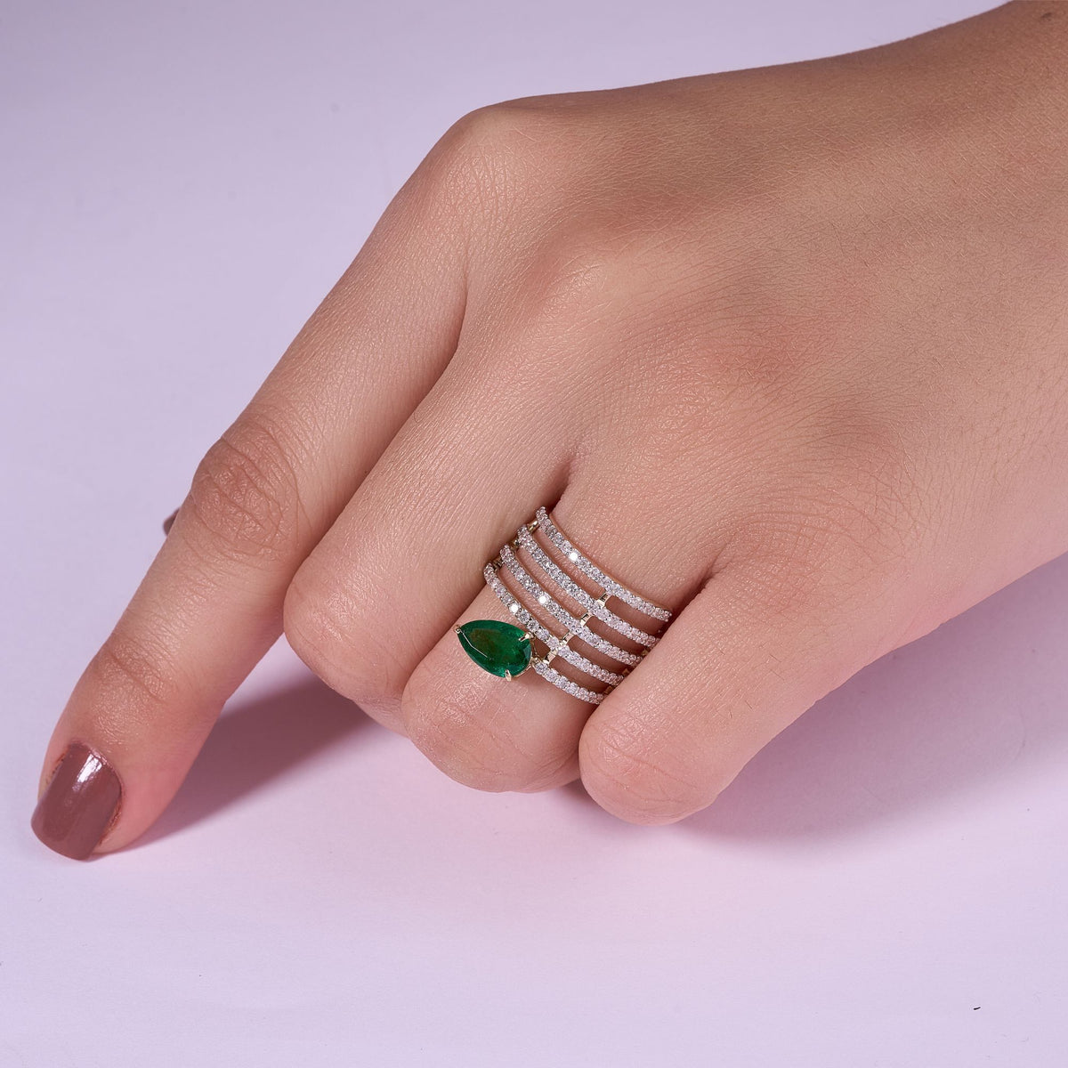 Pear Emerald and Natural Diamond Openwork Multi Row Wide Band