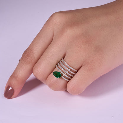 Pear Emerald and Natural Diamond Openwork Multi Row Wide Band