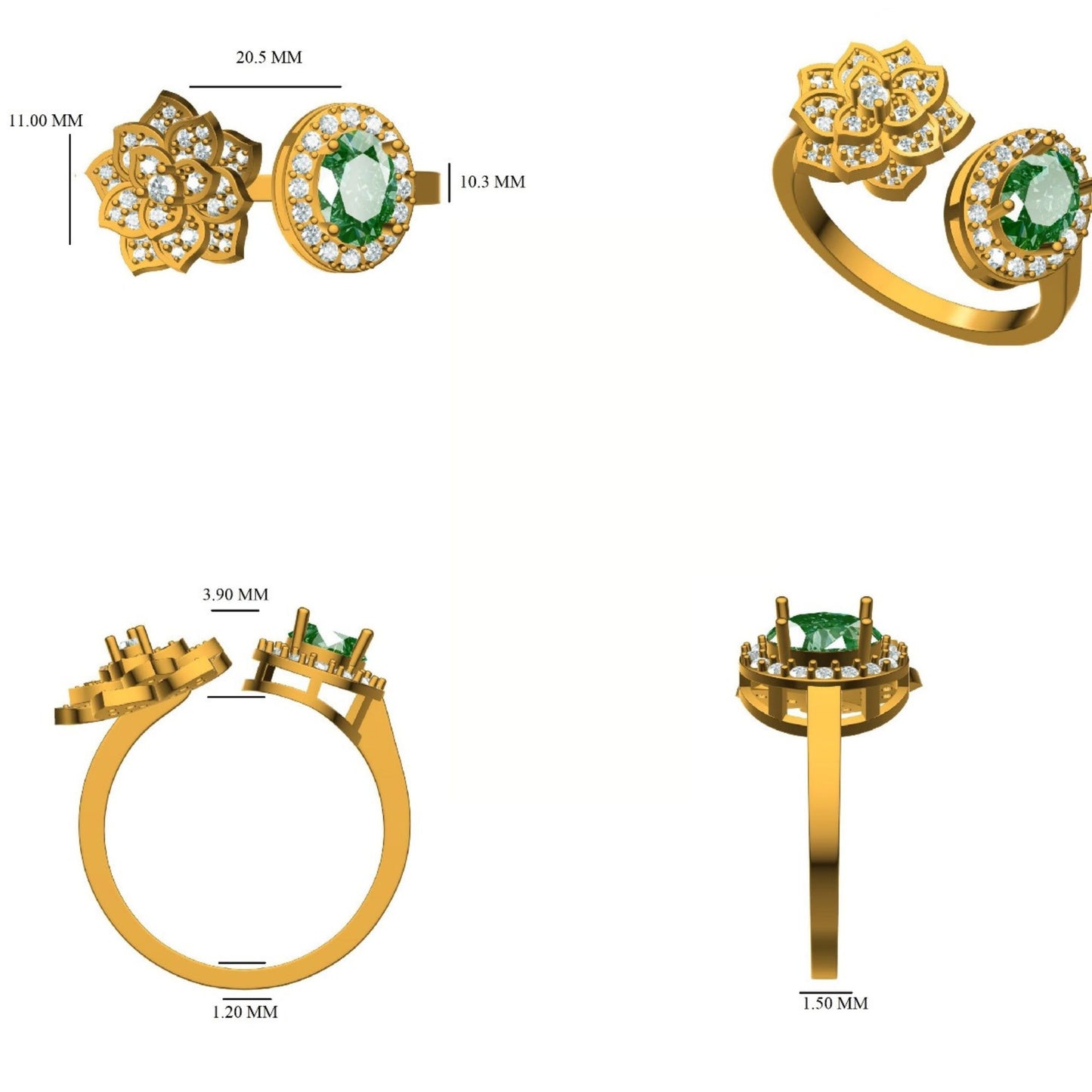 Emerald & Diamond Open Floral Cuff Ring