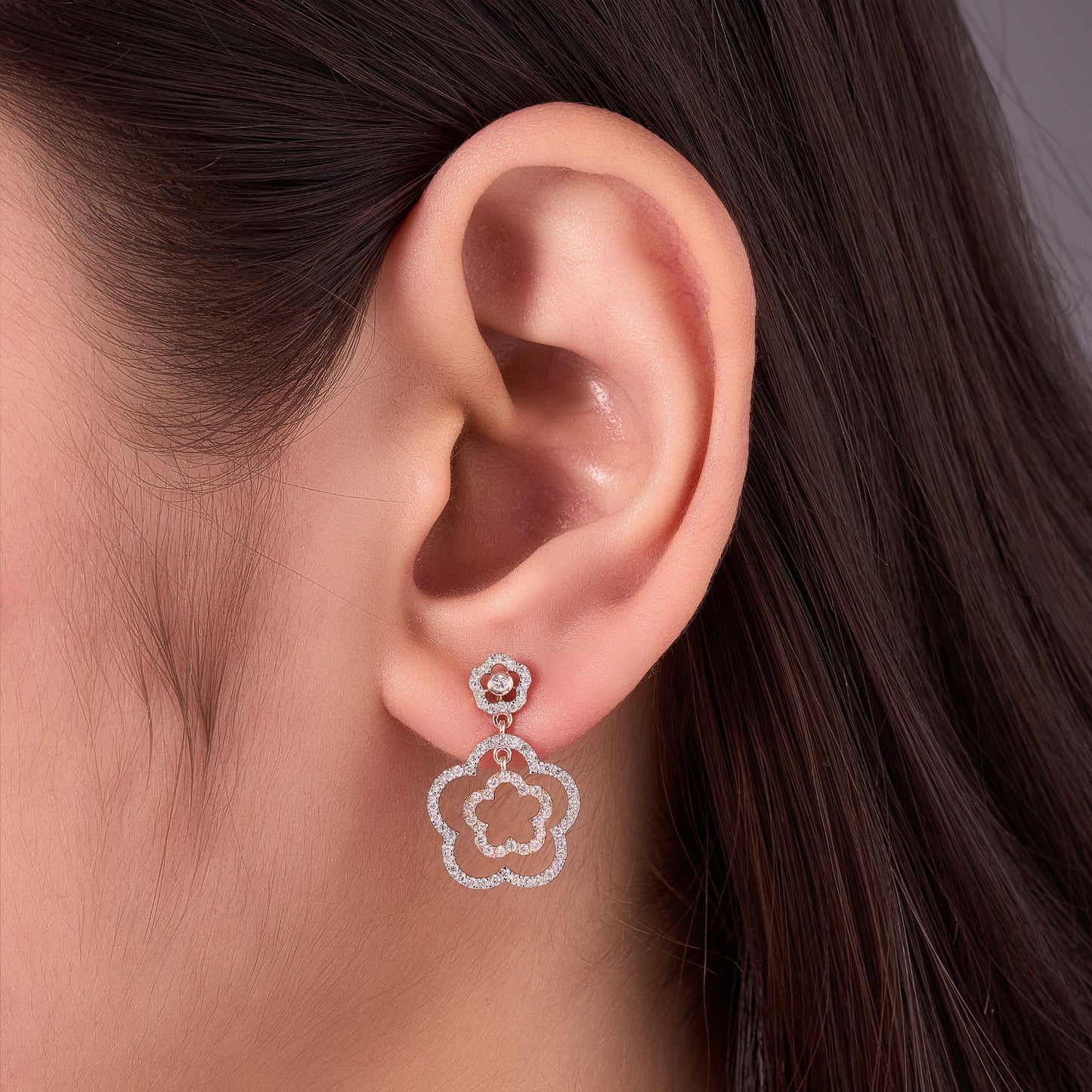 Double Flower Natural Diamond Drop Earrings