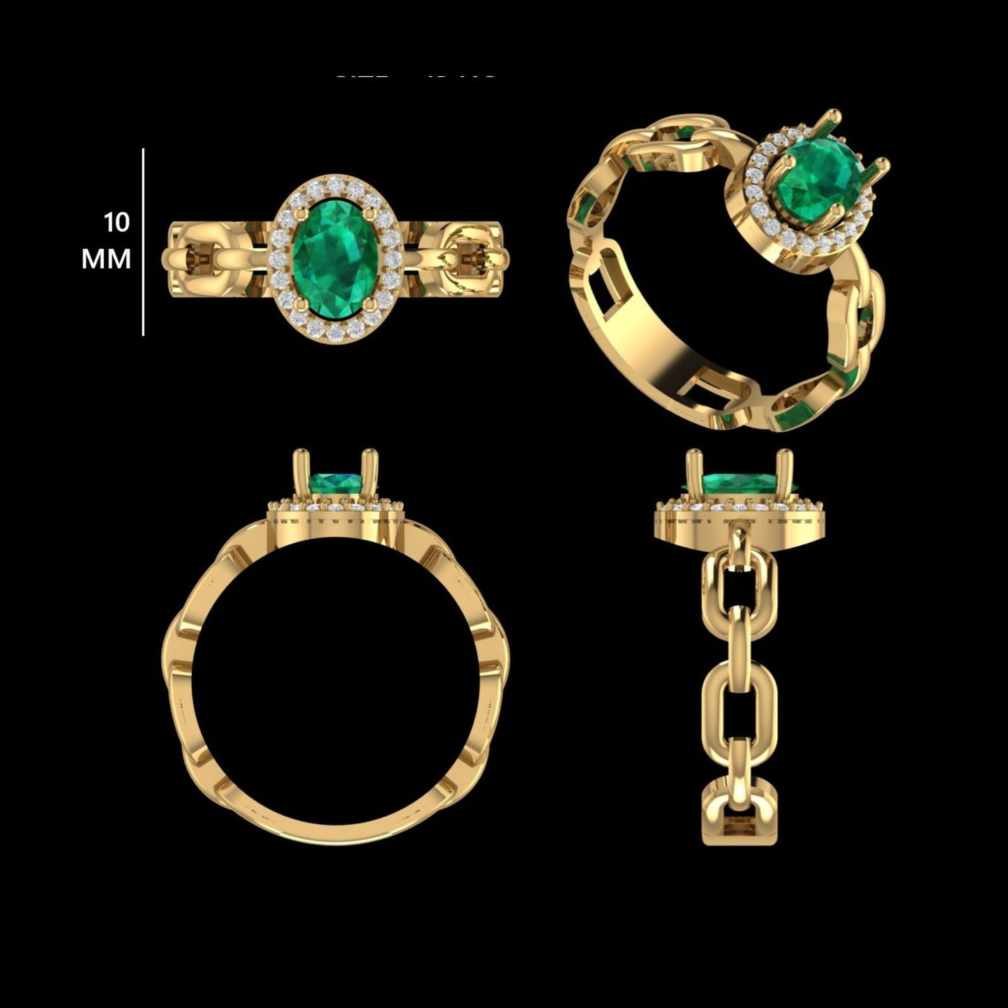 Natural Oval Emerald Diamond Chain Link Ring
