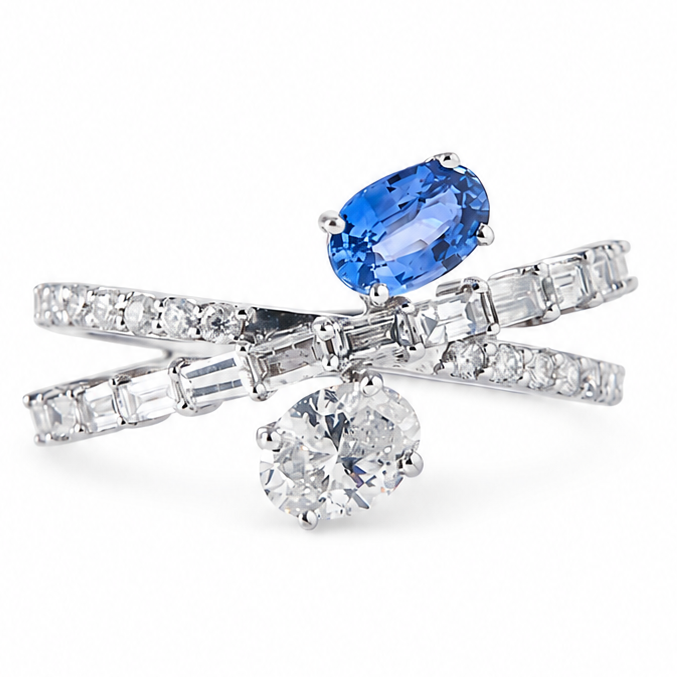 Natural Sapphire Diamond Crossover Ring