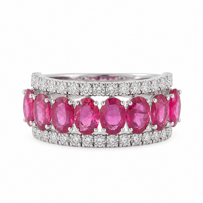 Styled shot of the ruby and diamond band ring — 14K white gold with oval rubies and pavé diamonds