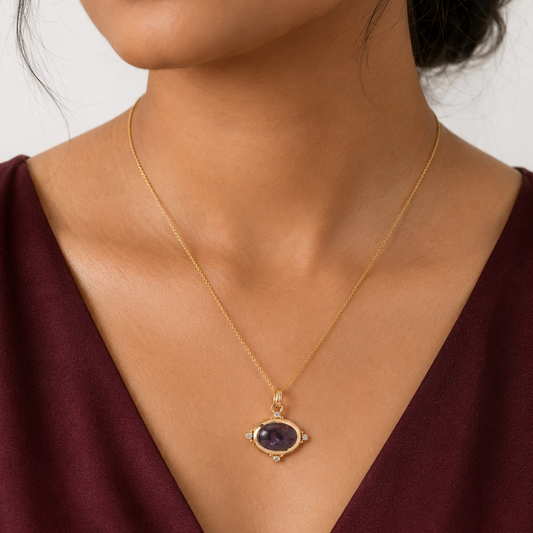 Oval Rubellite Natural Diamond Pendant