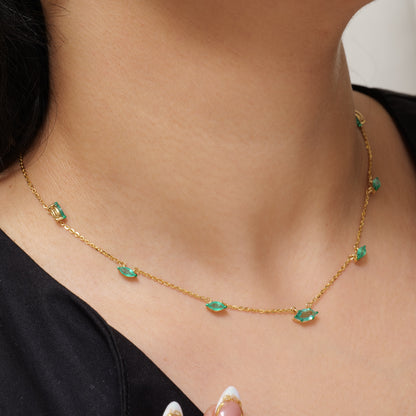 Natural Marquise Cut Emerald Gemstone Station Necklace