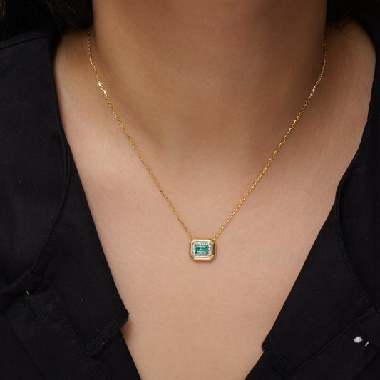 Natural Emerald Halo Geometric Diamond Necklace