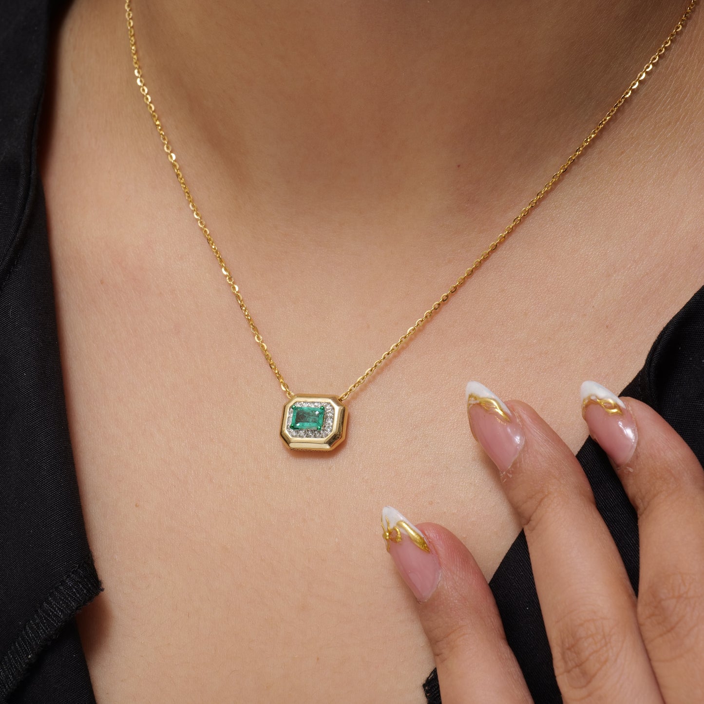Natural Emerald Halo Geometric Diamond Necklace