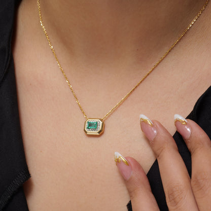 Natural Emerald Halo Geometric Diamond Necklace