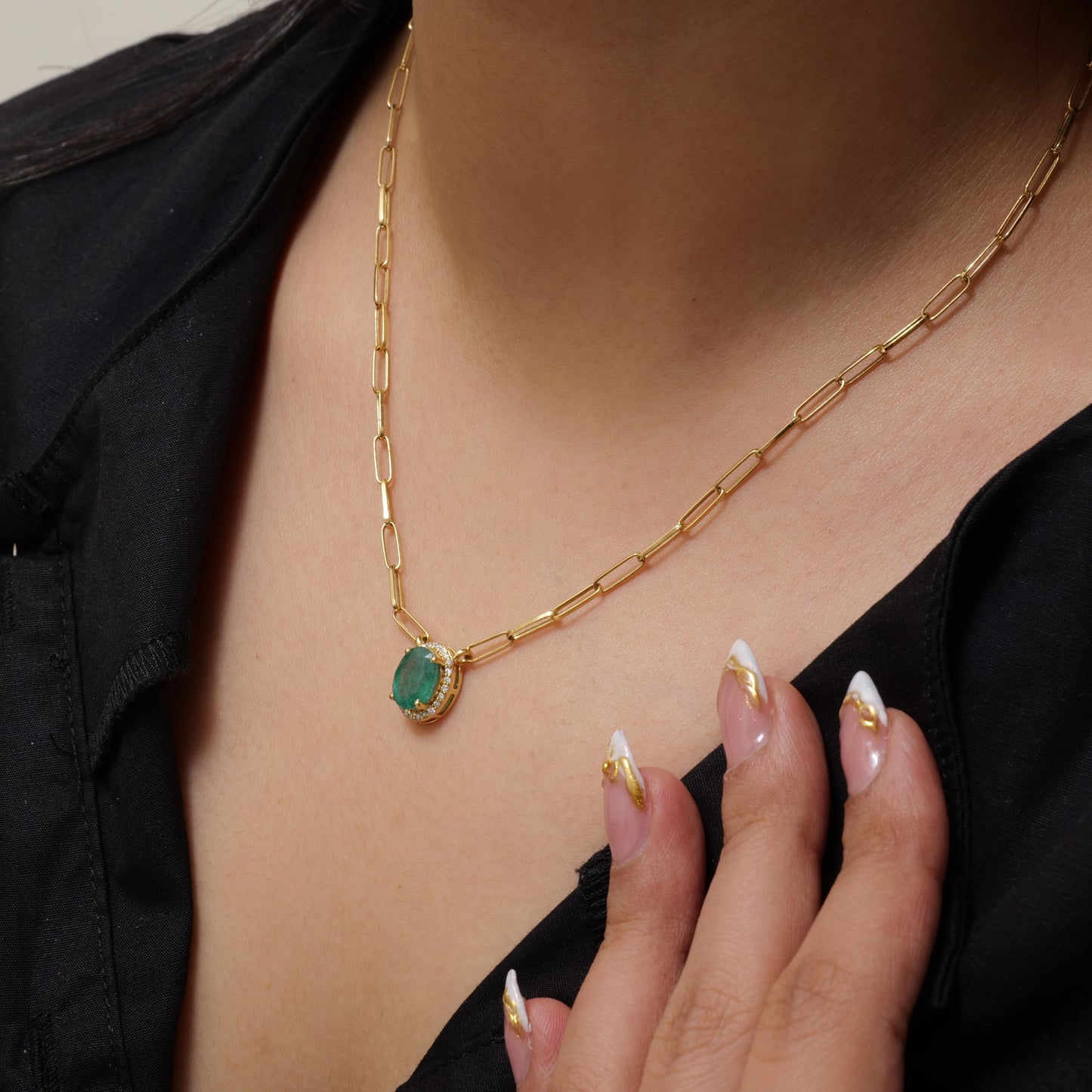 Oval Emerald Halo Diamond Pendant Necklace