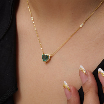 Heart Emerald Halo Diamond Necklace