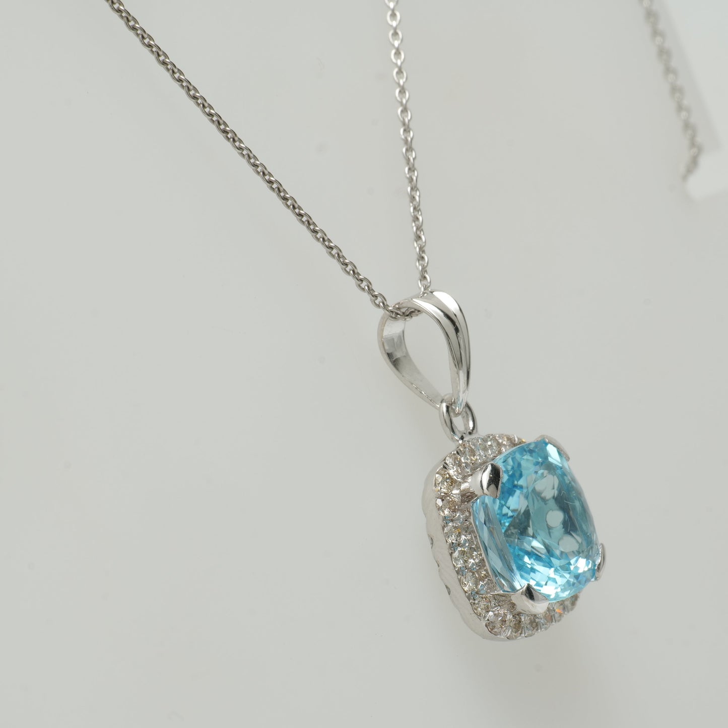 Natural Blue Topaz Halo Diamond Pendant Necklace