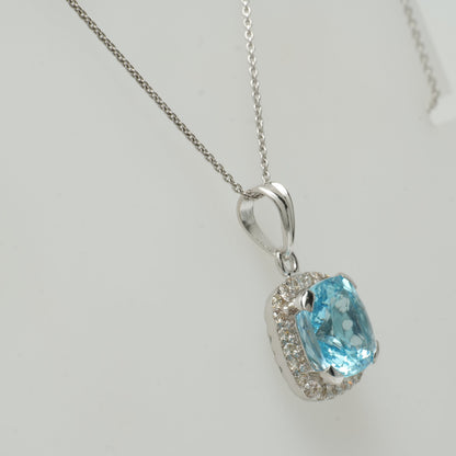 Natural Blue Topaz Halo Diamond Pendant Necklace