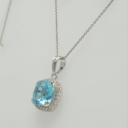 Natural Blue Topaz Halo Diamond Pendant Necklace