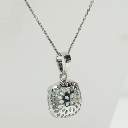Natural Blue Topaz Halo Diamond Pendant Necklace