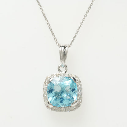 Natural Blue Topaz Halo Diamond Pendant Necklace
