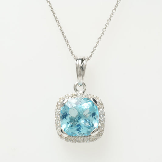 Natural Blue Topaz Halo Diamond Pendant Necklace