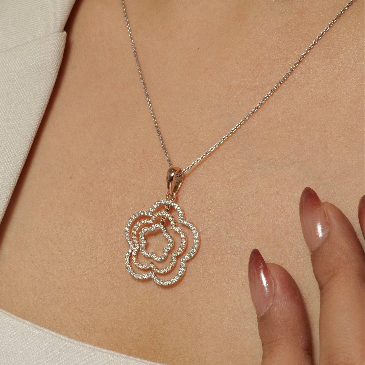 Layered Floral Diamond Pendant Necklace