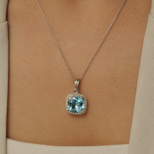 Natural Blue Topaz Halo Diamond Pendant Necklace