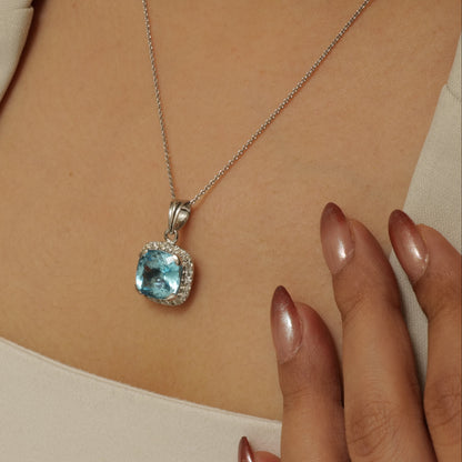 Natural Blue Topaz Halo Diamond Pendant Necklace