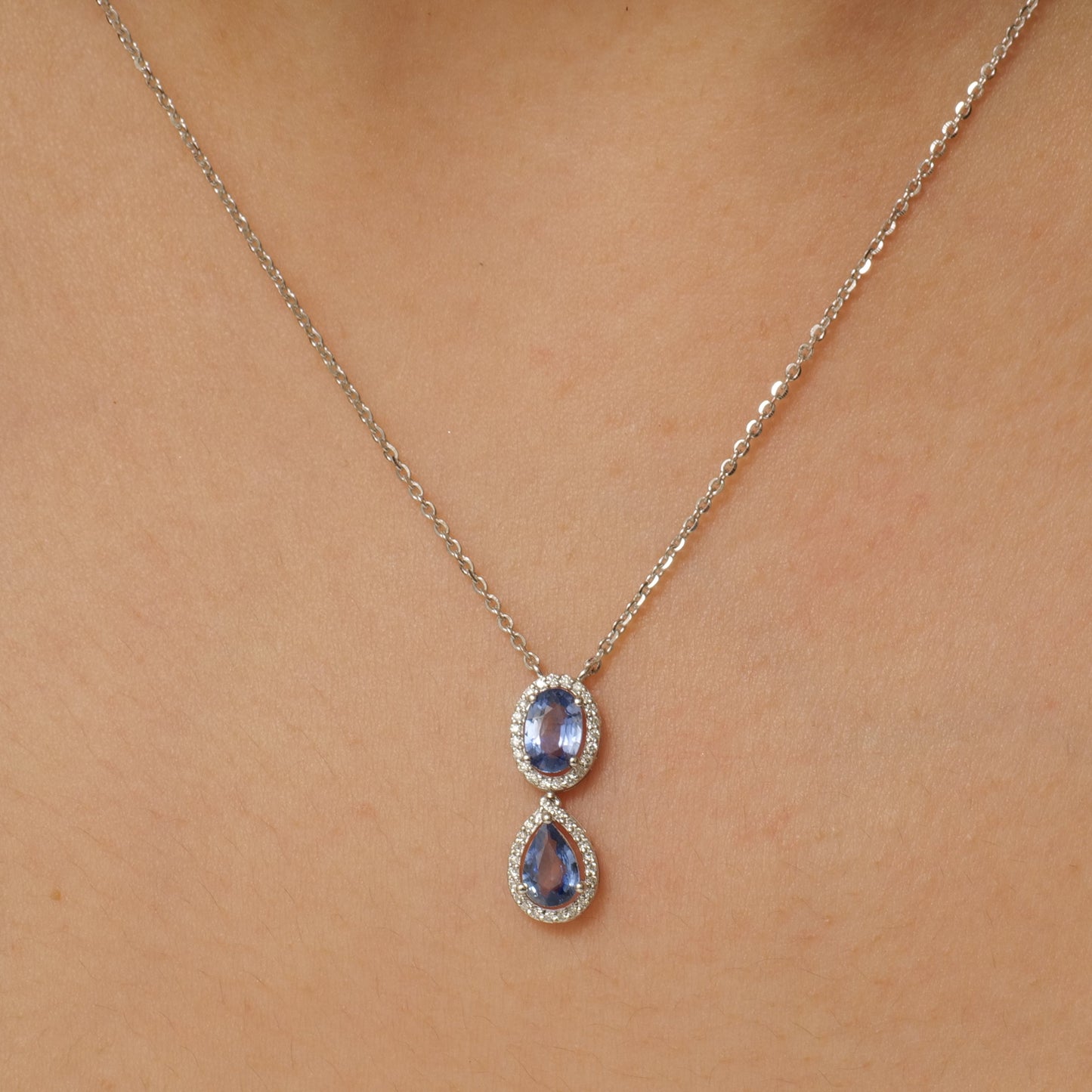 Blue Sapphire Natural Diamonds Halo Pendant Necklace