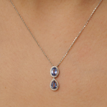 Blue Sapphire Natural Diamonds Halo Pendant Necklace