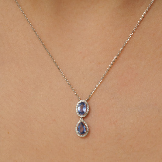 Blue Sapphire Natural Diamonds Halo Pendant Necklace
