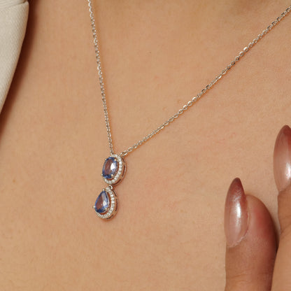 Blue Sapphire Natural Diamonds Halo Pendant Necklace