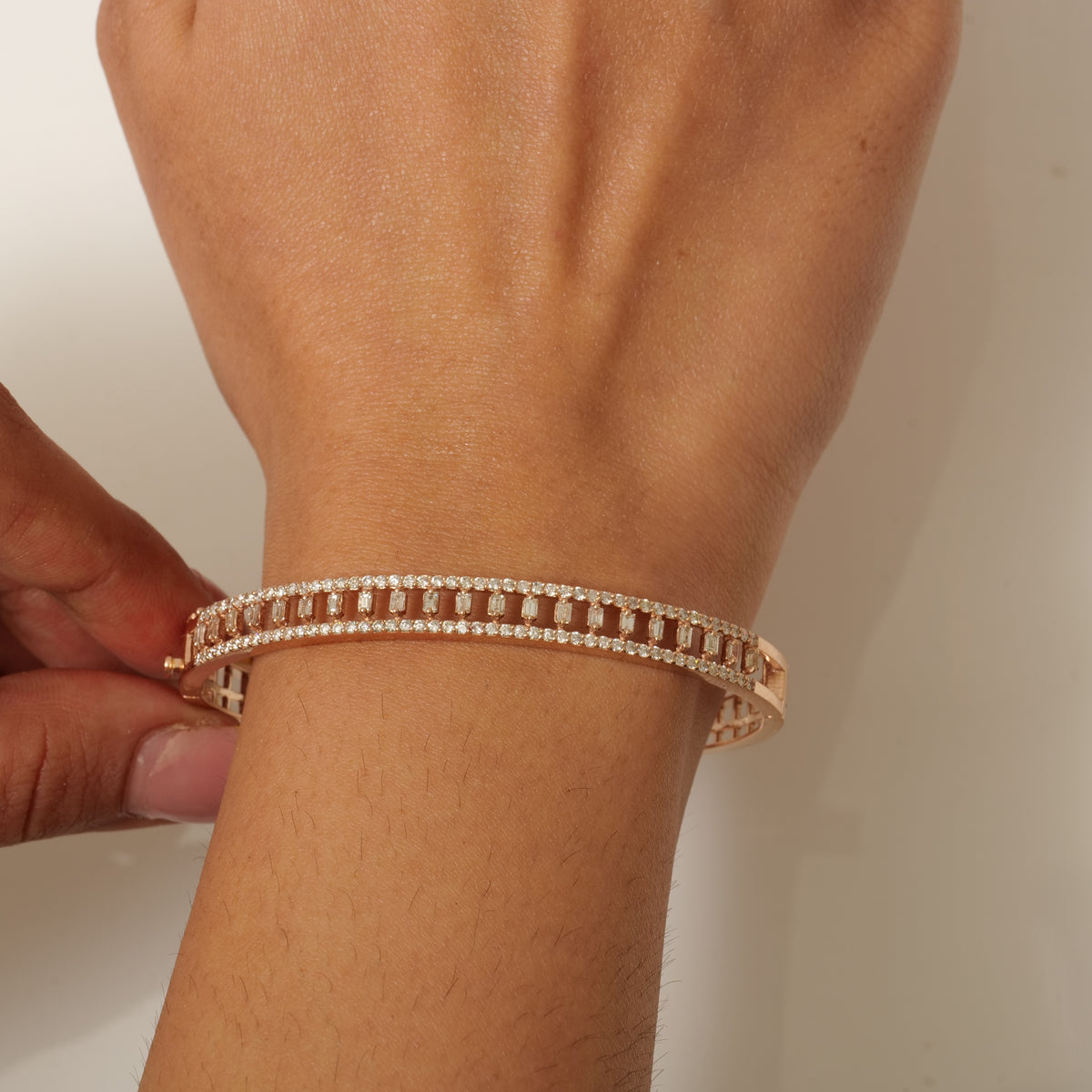 Baguette and Round Natural Diamond Openwork Hinged Cuff Bracelet