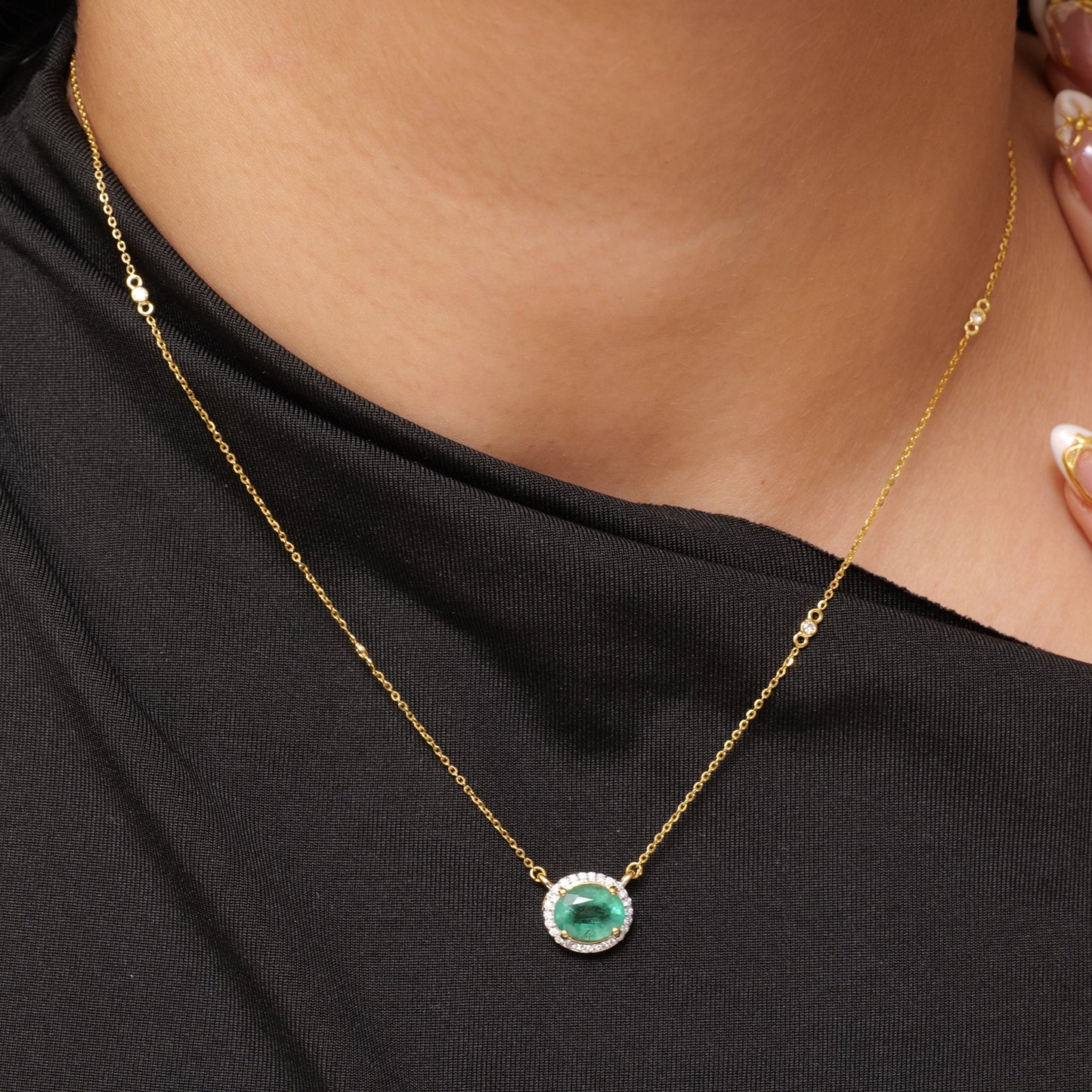 Oval Emerald Diamond Halo Necklace