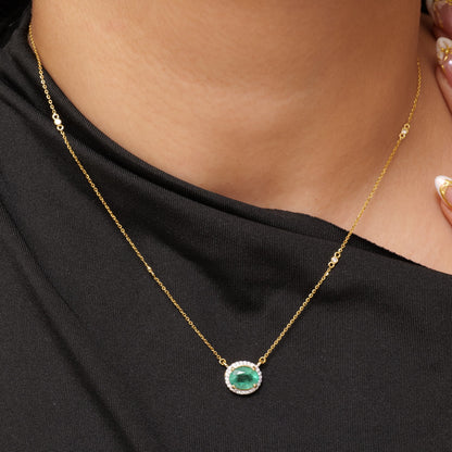 Oval Emerald Diamond Halo Necklace