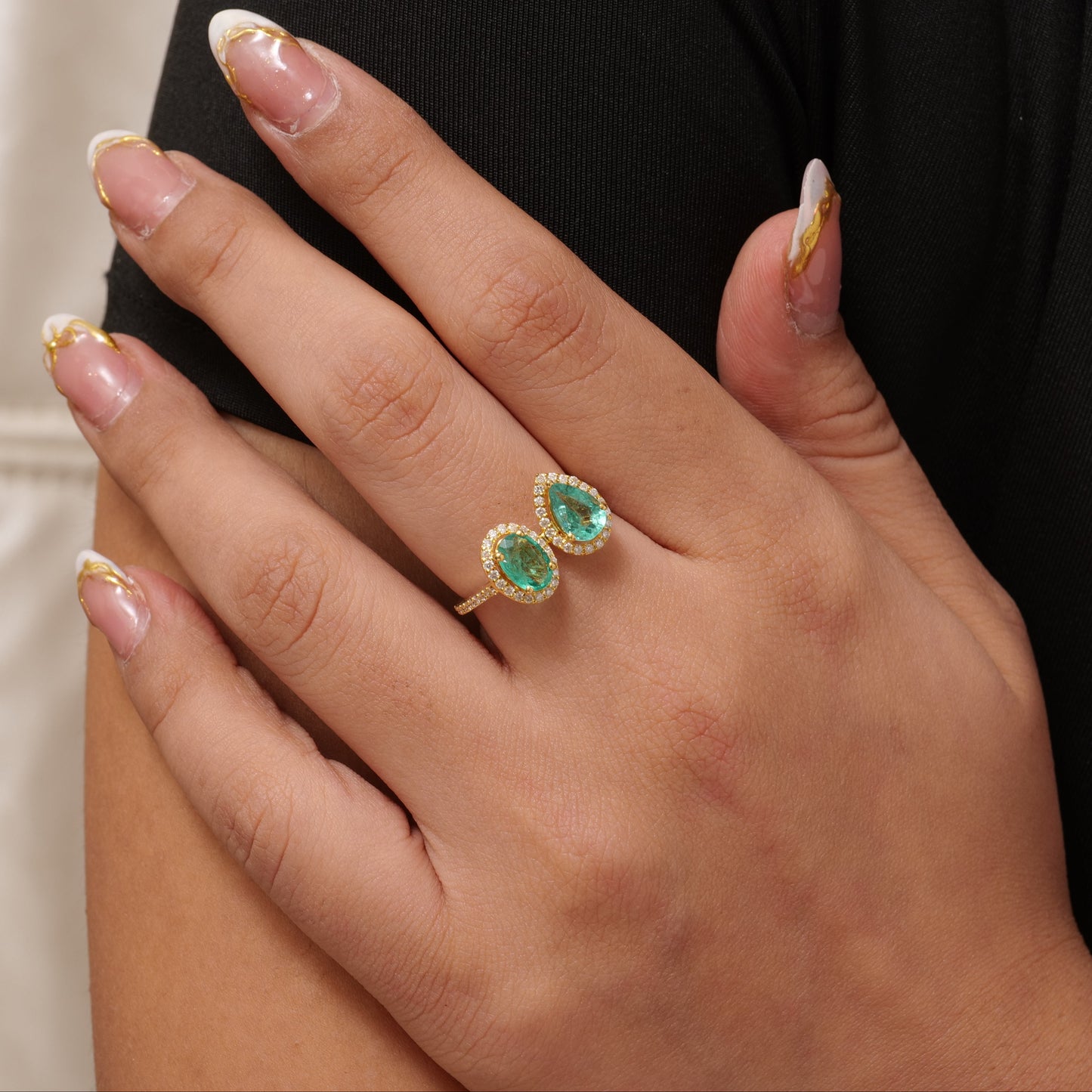 Dual Emerald Halo Ring