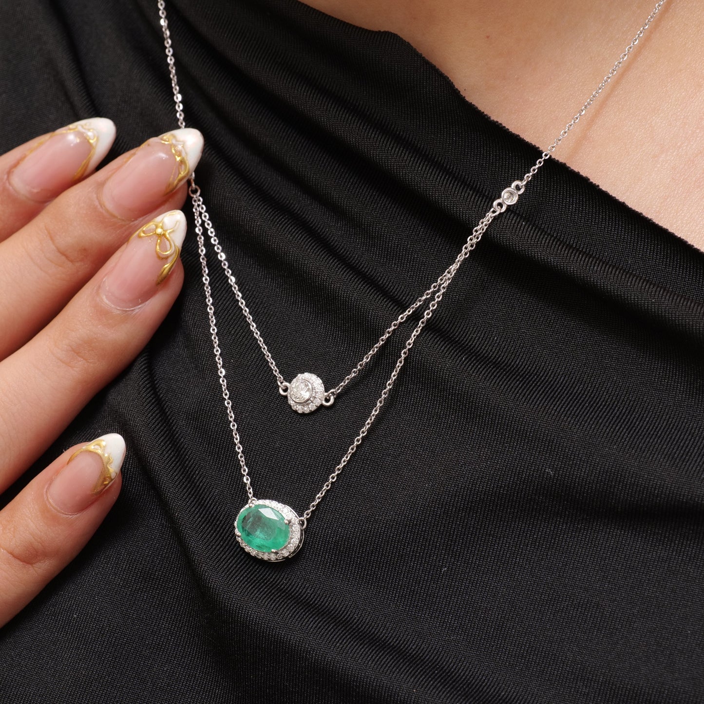 Natural Emerald and Diamond Layered Necklace
