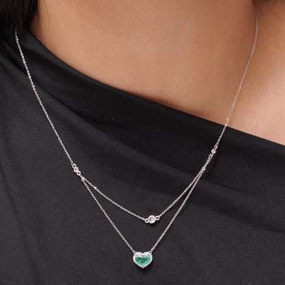Heart Natural Emerald & Diamond Double Layer Necklace