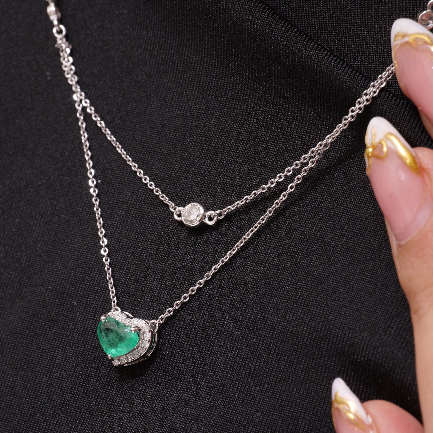 Heart Natural Emerald & Diamond Double Layer Necklace