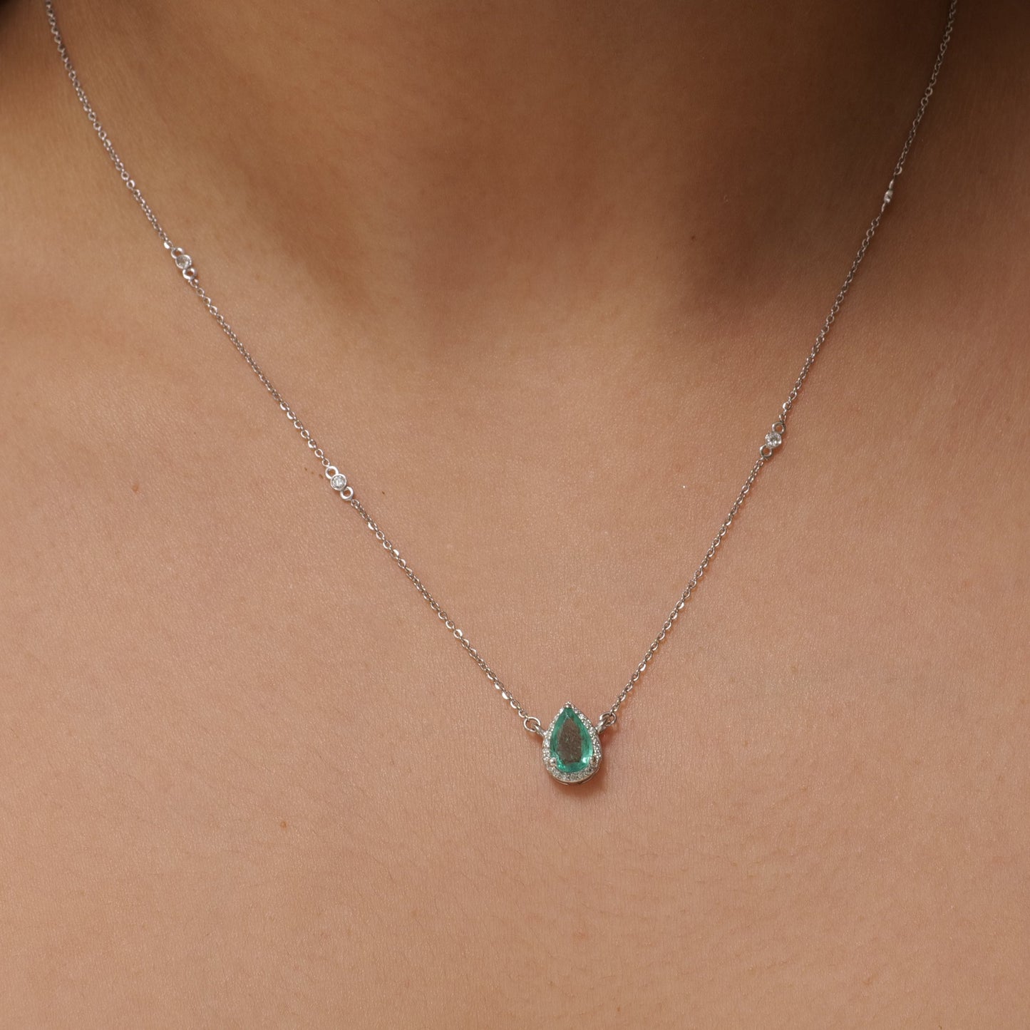 Pear Emerald Diamond Pendant Necklace