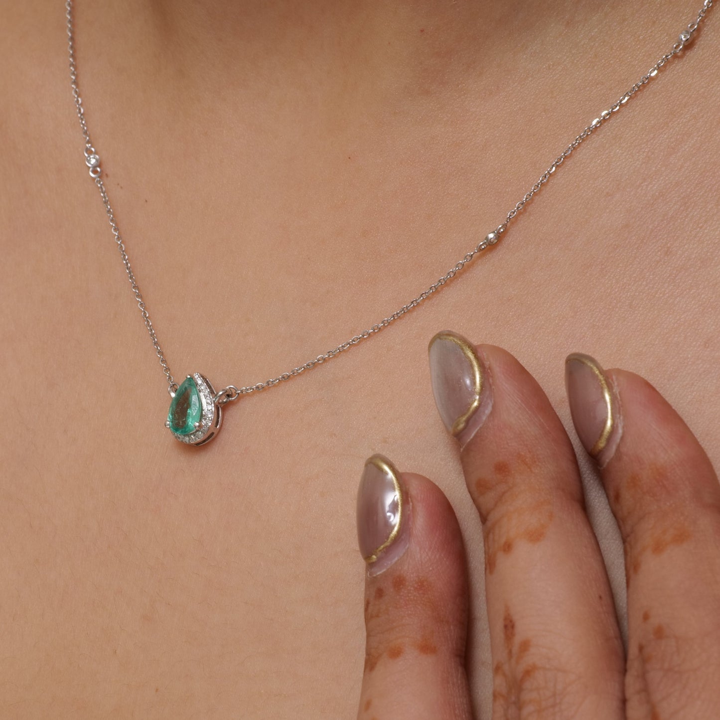 Pear Emerald Diamond Pendant Necklace
