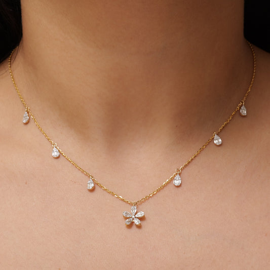 Floral Diamond Drop Station Necklace
