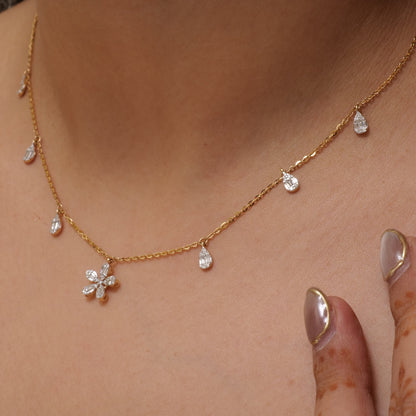 Floral Diamond Drop Station Necklace