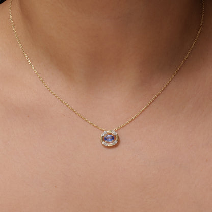 Natural Blue Sapphire Halo Diamond Pendant Necklace