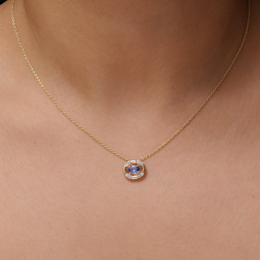 Natural Blue Sapphire Halo Diamond Pendant Necklace