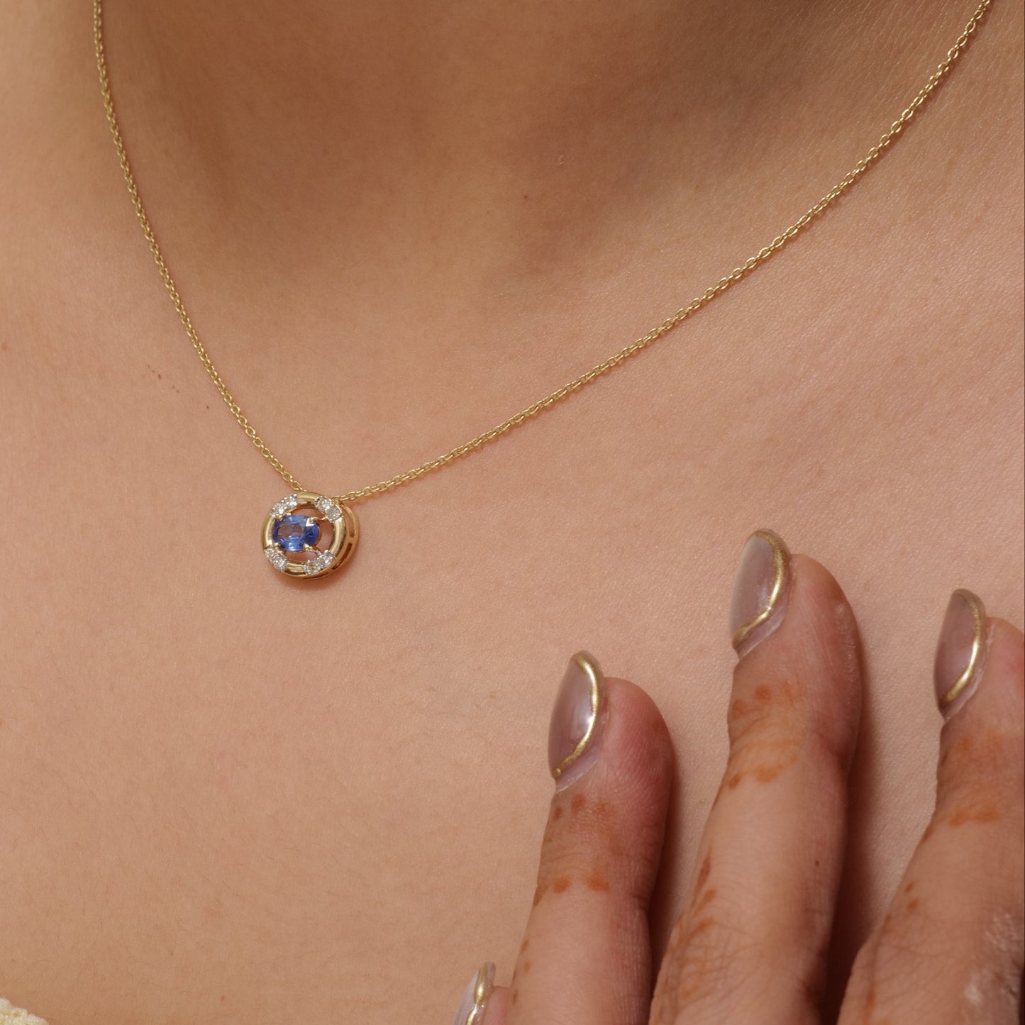 Natural Blue Sapphire Halo Diamond Pendant Necklace